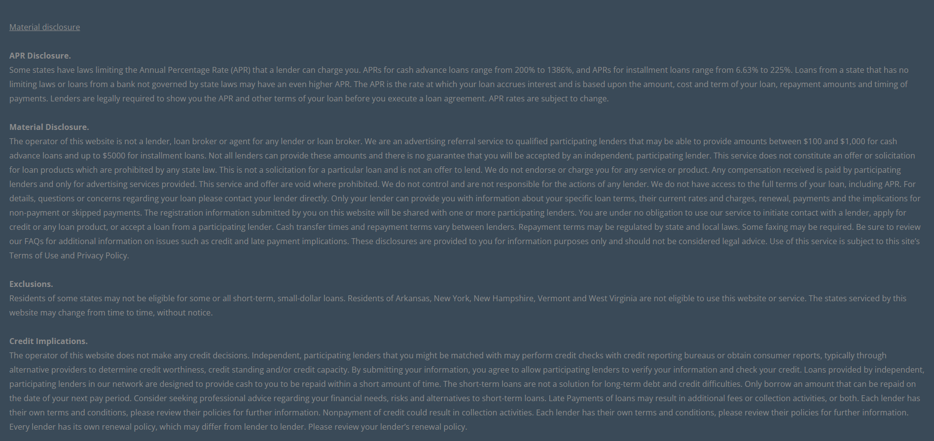 Material disclosure for payday loans in Provo Utah